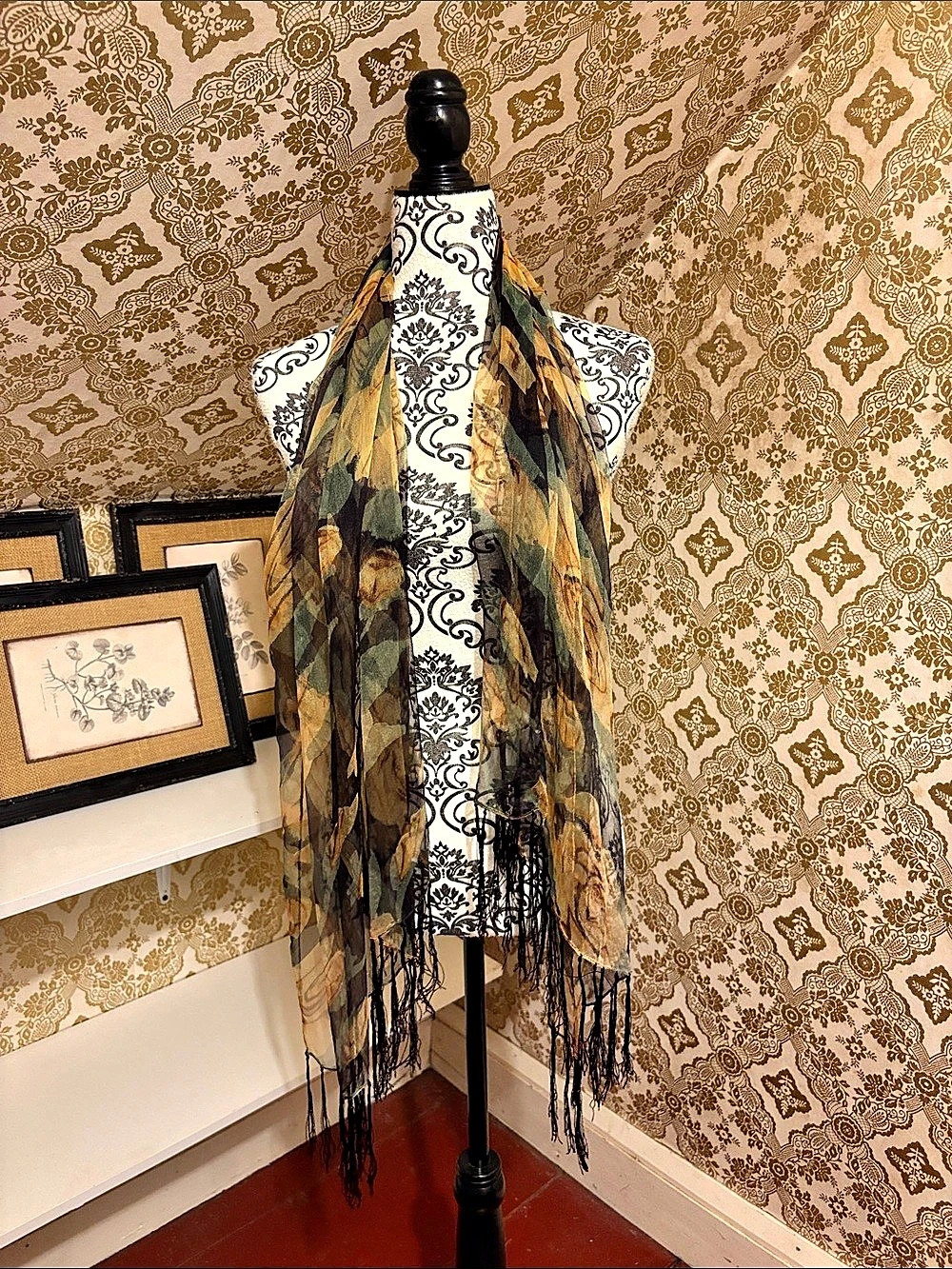 Large Sheer Floral Silk Scarf Black Olive Rose Fringe Boho Wrap